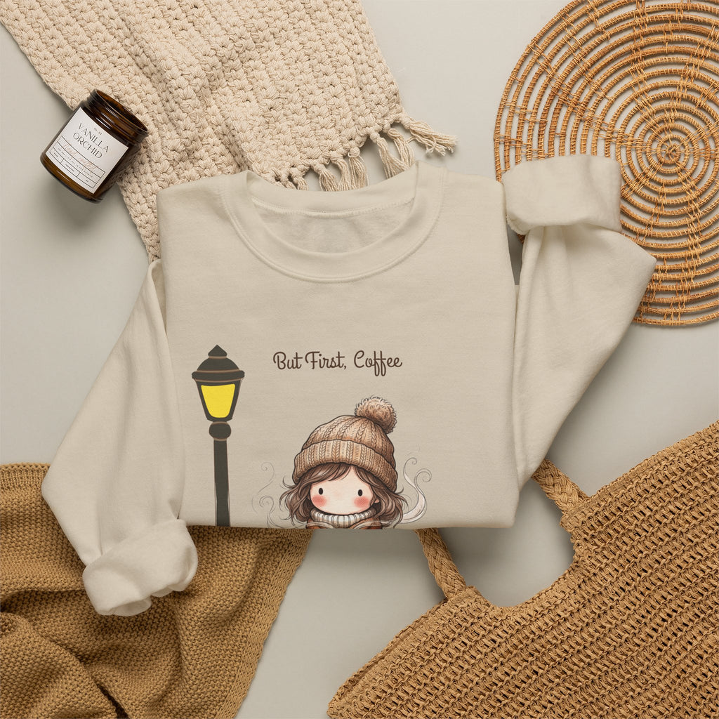 But First Coffee Sweatshirt, Fall Girl on Bench Shirt, Autumn Coffee Lover Crewneck, Cute Cozy Fall Sweatshirt, Coffee Gift for Her