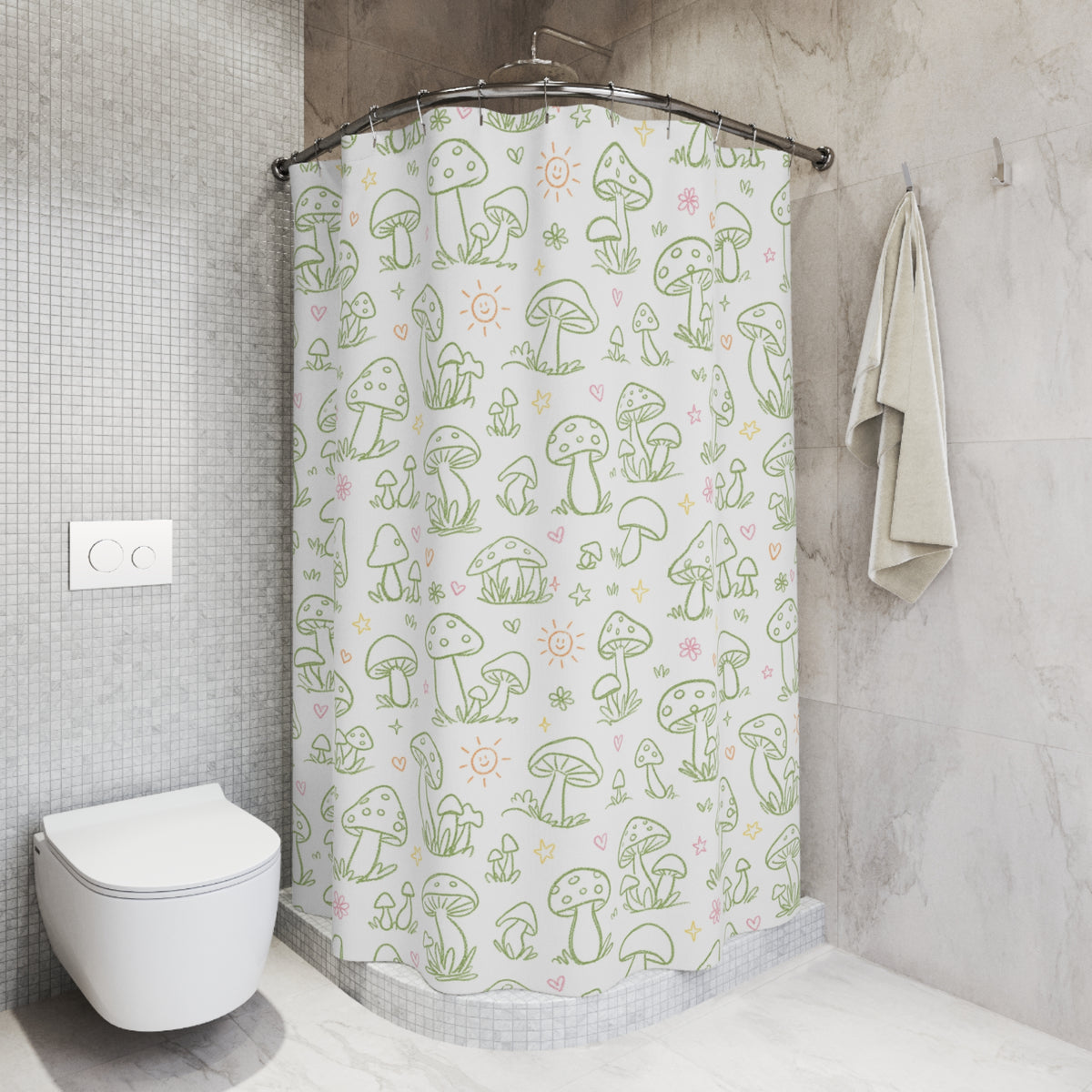 Green Mushroom Shower Curtain, Whimsical Botanical Bathroom Decor, Cottagecore Mushroom Print, Cute Fungi Bath Curtain, Sage Green Decor