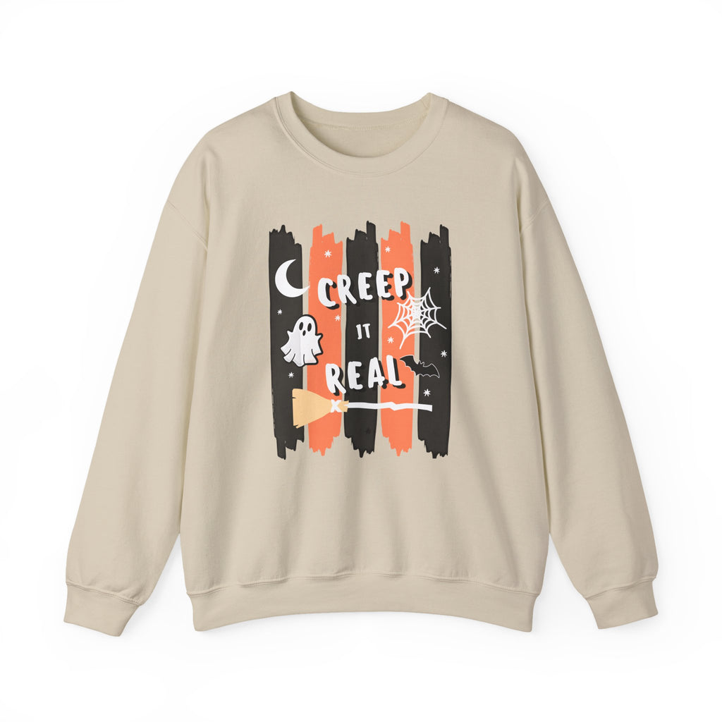 Creep It Real Halloween Sweatshirt, Funny Ghost Bat Spiderweb Crewneck, Orange Black Stripe Halloween Shirt, Cute Fall Pullover Women Gift