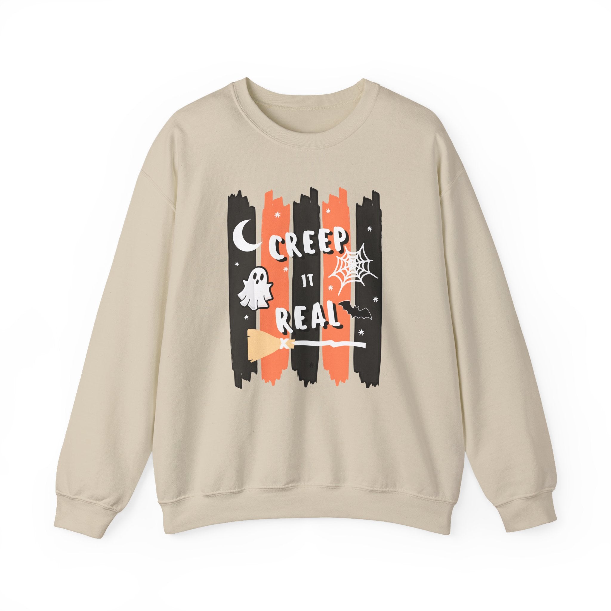 Creep It Real Halloween Sweatshirt, Funny Ghost Bat Spiderweb Crewneck, Orange Black Stripe Halloween Shirt, Cute Fall Pullover Women Gift