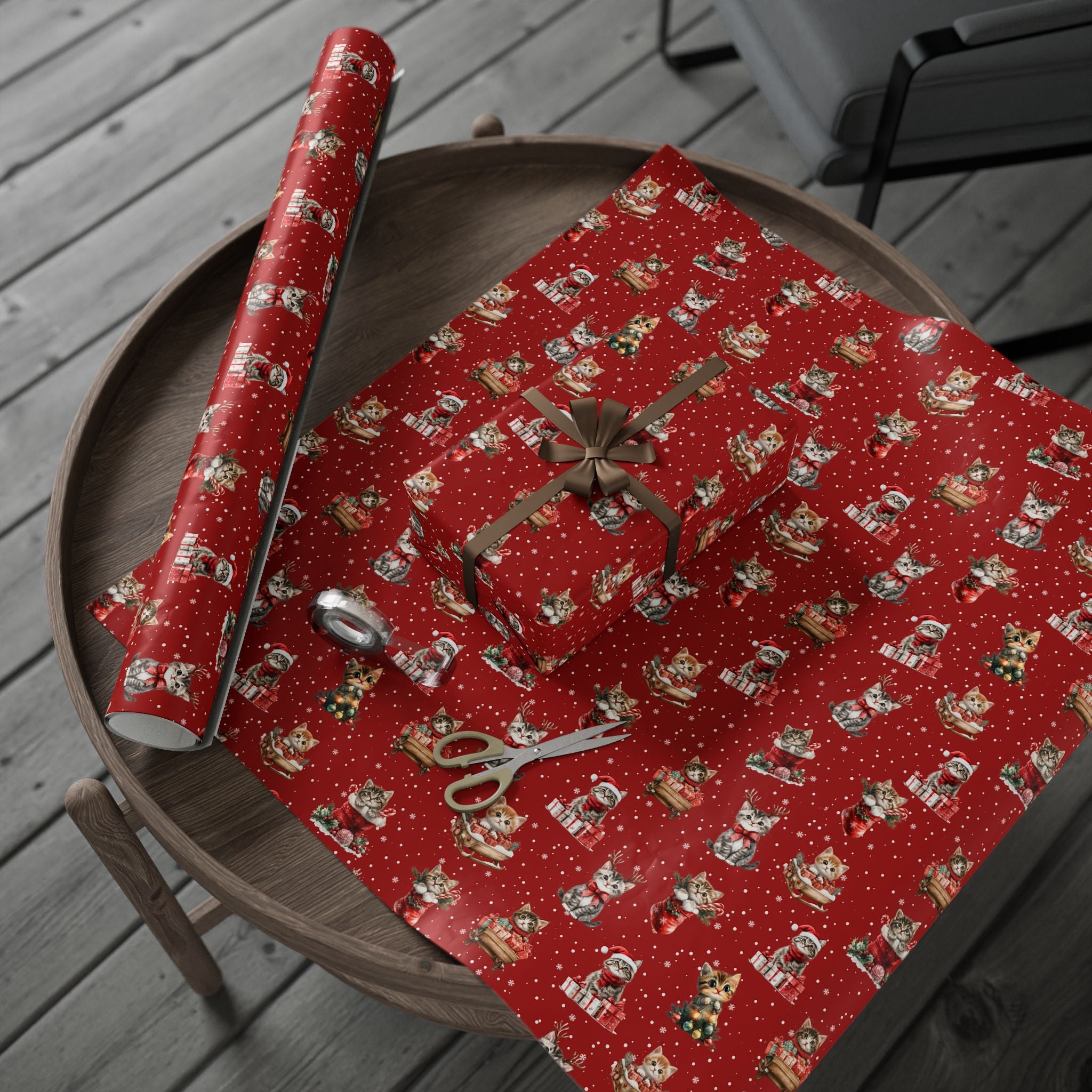 Christmas Cat Wrapping Paper, Red Kitten Gift Wrap, Cute Cat Lover Holiday Wrap, Vintage Christmas Kitty Wrapping Paper