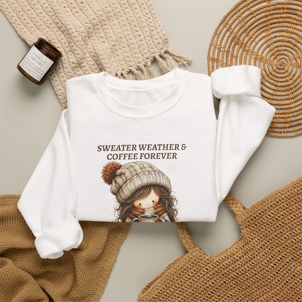 Sweater Weather & Coffee Forever Sweatshirt, Fall Girl Coffee Cup Shirt, Cozy Autumn Crewneck, Cute Boho Fall Vibes Tee, Coffee Lover Gift