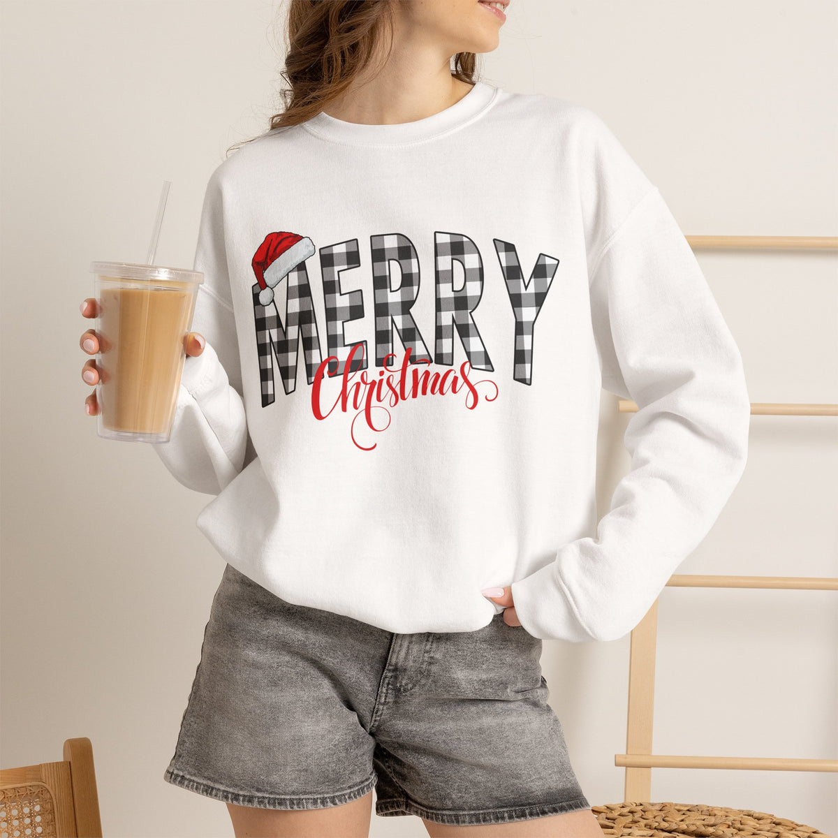 Merry Christmas Buffalo Plaid Sweatshirt, Santa Hat Christmas Sweatshirt, Plaid Christmas Shirt, Women's Holiday Sweatshirt, Christmas Gift