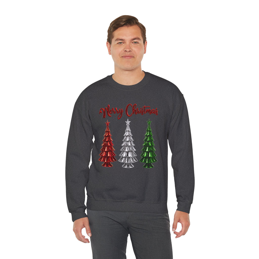 Merry Christmas Sweatshirt, Three Christmas Trees Shirt, Metallic Trees Sweater, Forest Green Christmas Crewneck, Holiday Gift for Her