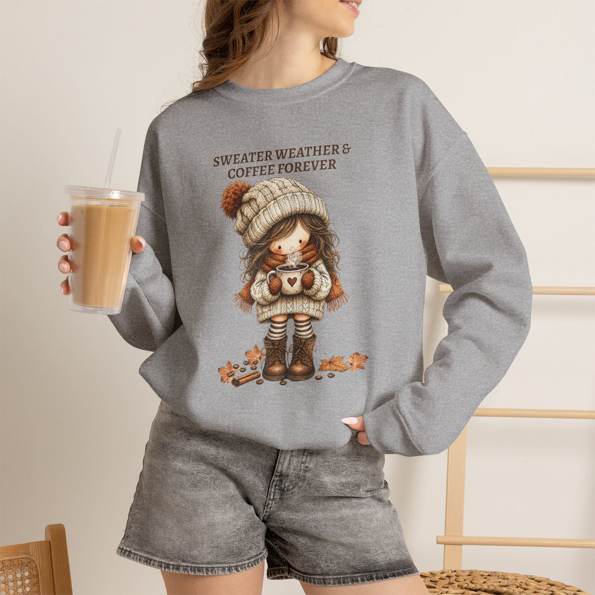 Sweater Weather & Coffee Forever Sweatshirt, Fall Girl Coffee Cup Shirt, Cozy Autumn Crewneck, Cute Boho Fall Vibes Tee, Coffee Lover Gift