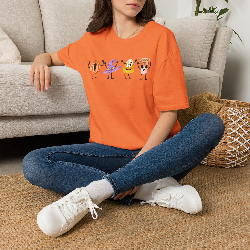 Halloween Women T-shirt Dancing Pumpkin Candy Corn Witch Hat Iced Coffee Crewneck Fall Fun Cute Halloween Party Shirt Gift