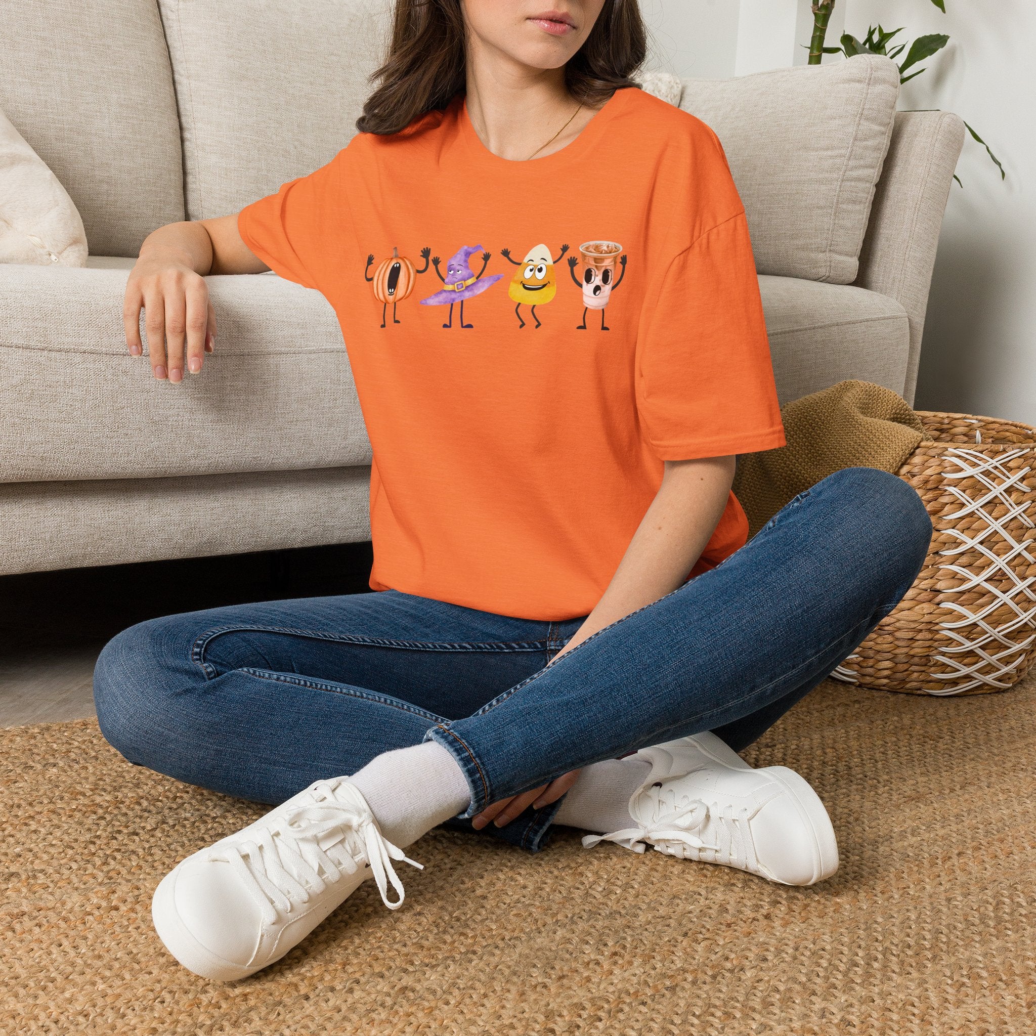 Halloween Women T-shirt Dancing Pumpkin Candy Corn Witch Hat Iced Coffee Crewneck Fall Fun Cute Halloween Party Shirt Gift