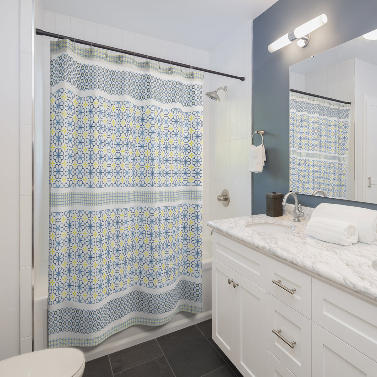 Moroccan Tile Shower Curtain, Blue Yellow Geometric Bathroom Decor, Mediterranean Boho Bath, Blue Mosaic Print, Farmhouse Bathroom