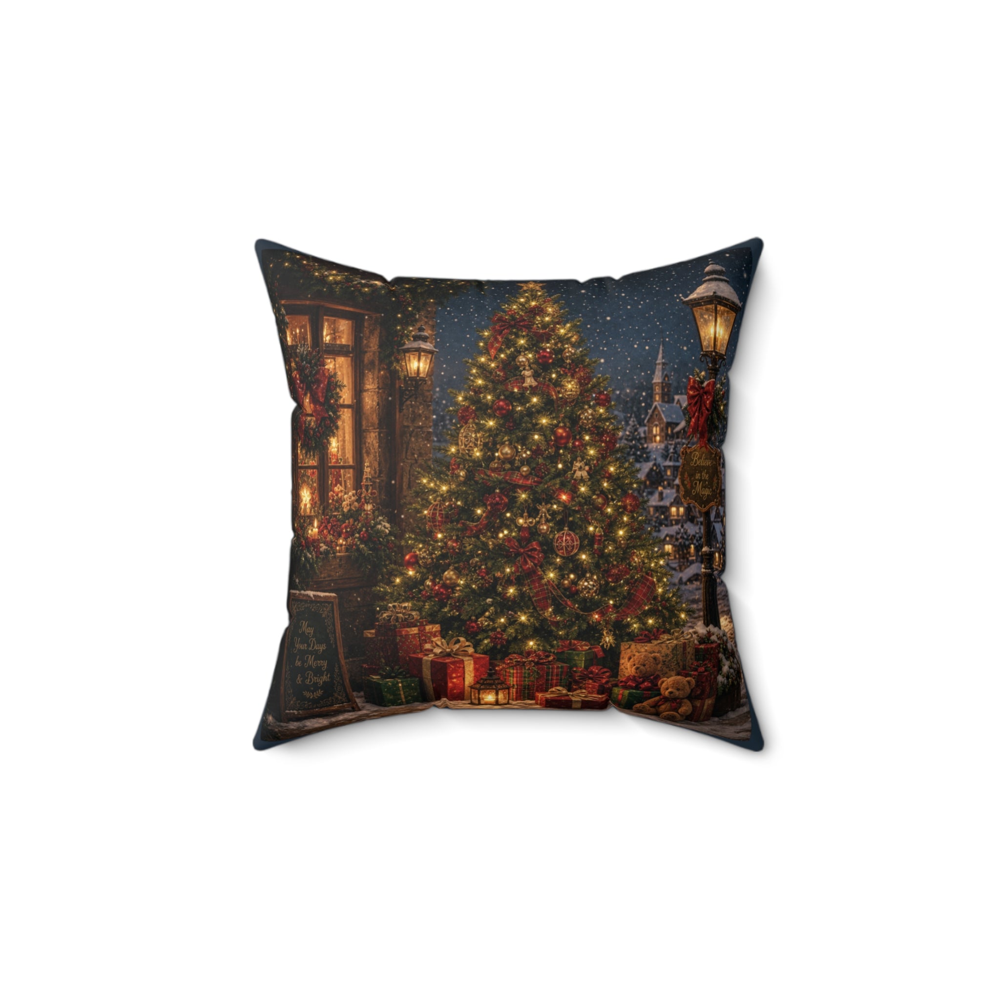 Christmas Tree Throw Pillow Cover, Vintage Holiday Village Night Scene Pillow Case, Nostalgic Xmas Decor, Cozy Winter Cushion Cover Gift