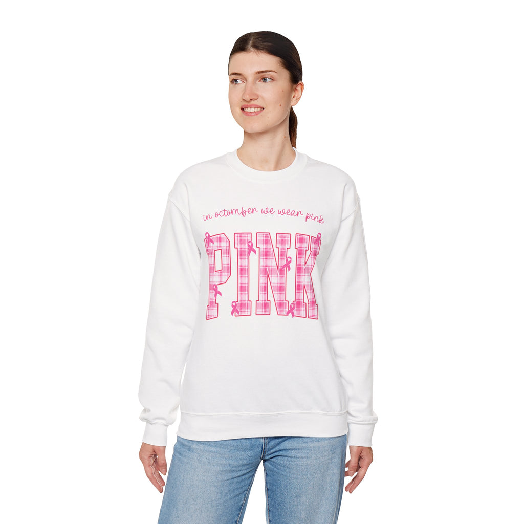 In October We Wear Pink Sweatshirt, Breast Cancer Awareness Top, Pink Plaid Design, Survivor Support Shirt, Pink Ribbon Top