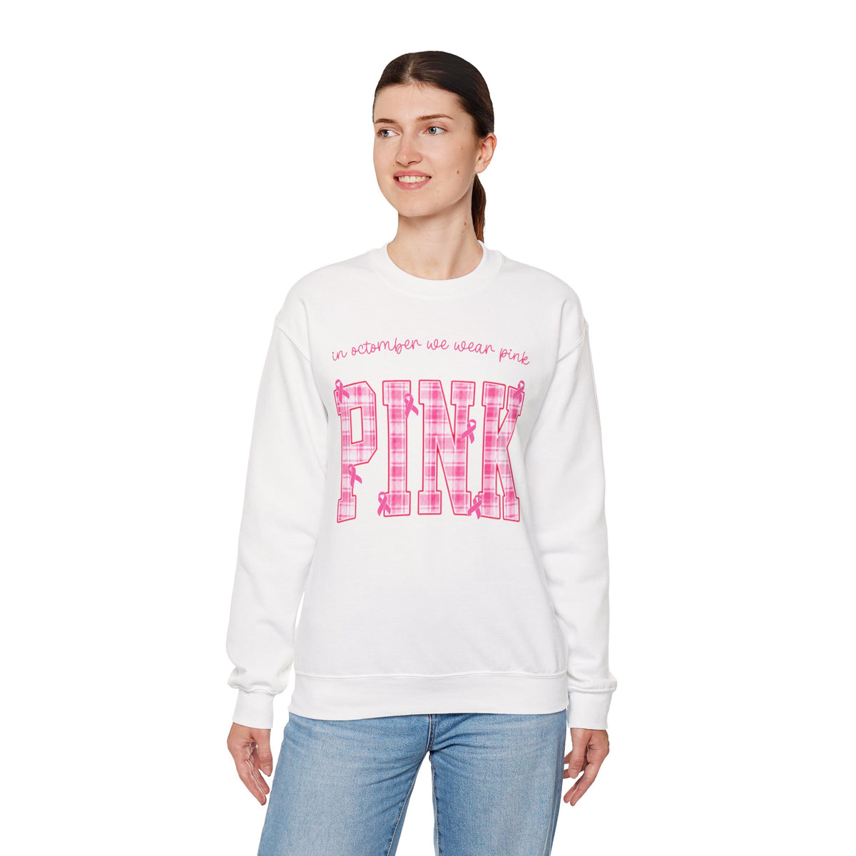 In October We Wear Pink Sweatshirt, Breast Cancer Awareness Top, Pink Plaid Design, Survivor Support Shirt, Pink Ribbon Top