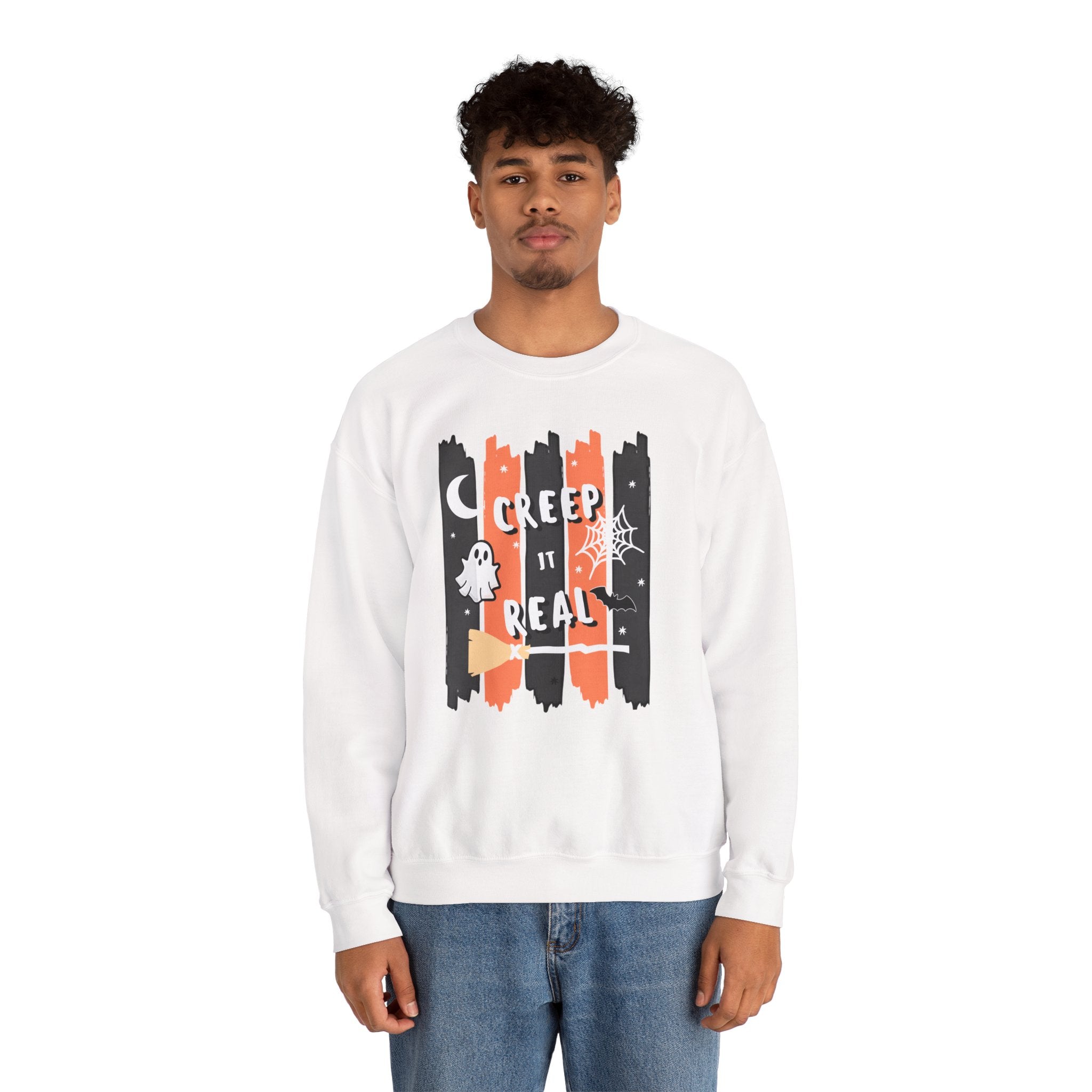 Creep It Real Halloween Sweatshirt, Funny Ghost Bat Spiderweb Crewneck, Orange Black Stripe Halloween Shirt, Cute Fall Pullover Women Gift
