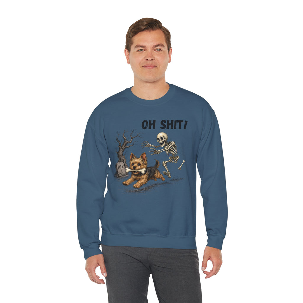 OH SHIT! Funny Skeleton Halloween Sweatshirt, Yorkie Terrier Dog Lover Shirt, Funny Fall Sweatshirt, Halloween Dog Mom Gift, Trick Treat
