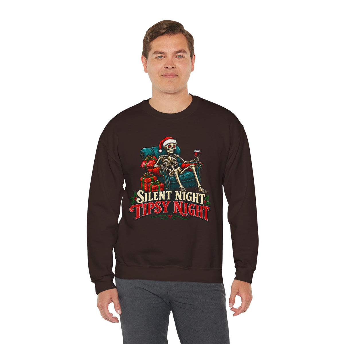 Christmas Skeleton Sweatshirt, Silent Night Tipsy Night Shirt, Funny Skeleton Santa Wine Sweatshirt, Skeleton Christmas Shirt, Holiday Tee