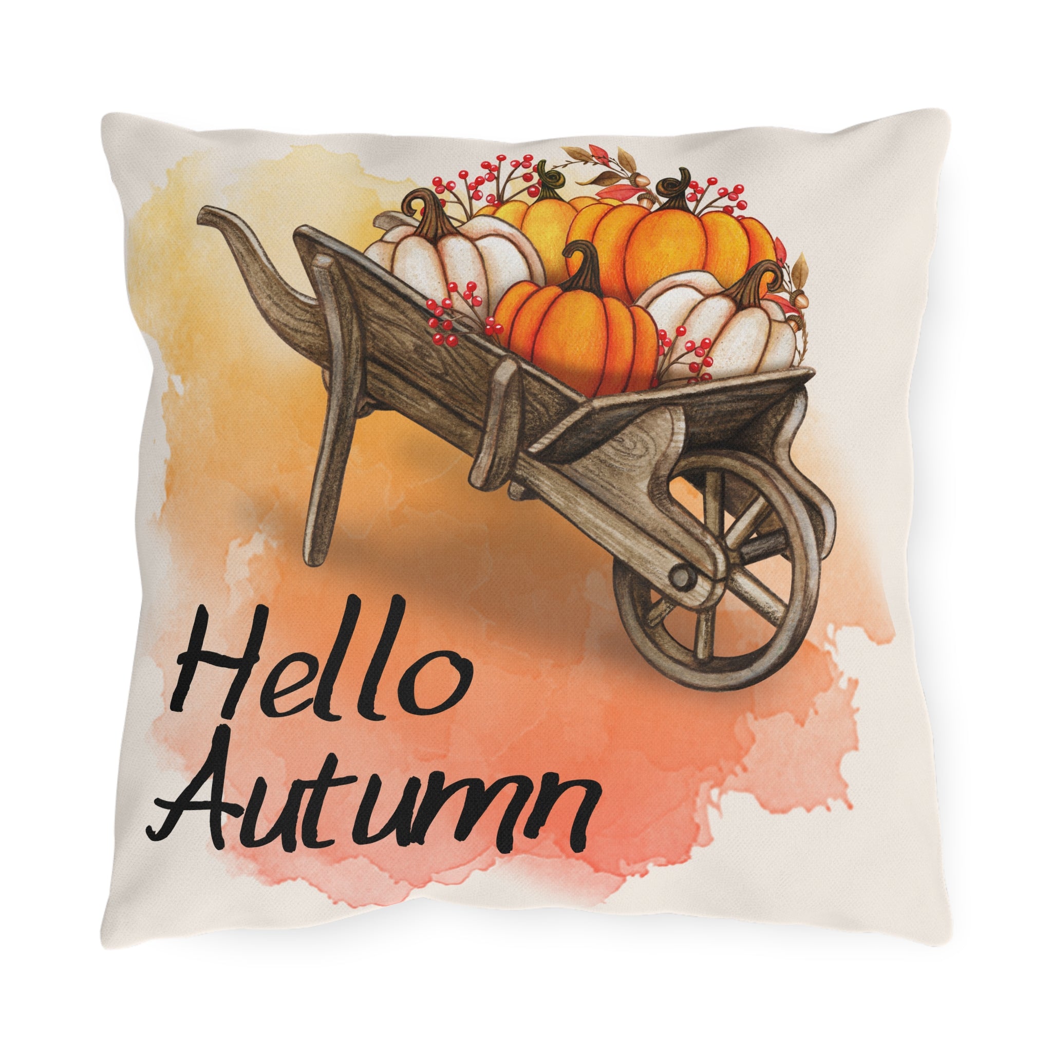 Hello Autumn Pillow Cover Pumpkin Wheelbarrow Fall Throw Pillow Watercolor Sunset Farmhouse Home Decor Thanksgiving Housewarming Gift