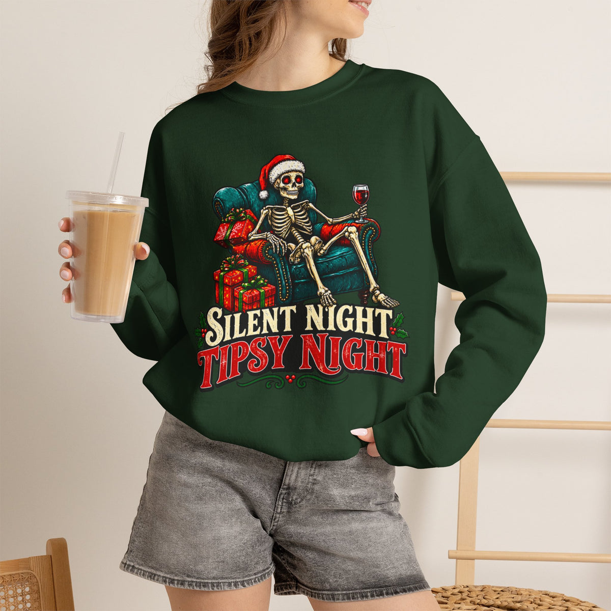 Christmas Skeleton Sweatshirt, Silent Night Tipsy Night Shirt, Funny Skeleton Santa Wine Sweatshirt, Skeleton Christmas Shirt, Holiday Tee