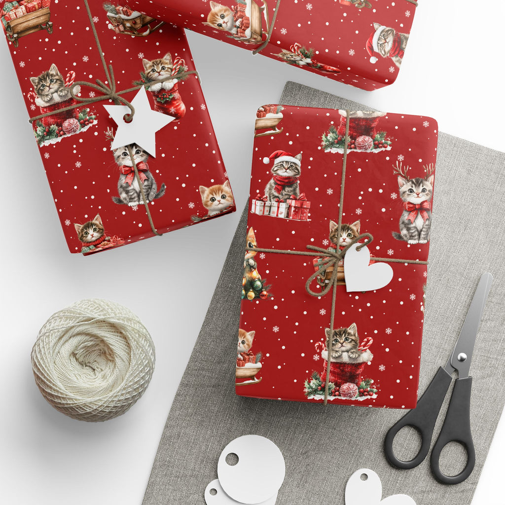 Christmas Cat Wrapping Paper, Red Kitten Gift Wrap, Cute Cat Lover Holiday Wrap, Vintage Christmas Kitty Wrapping Paper