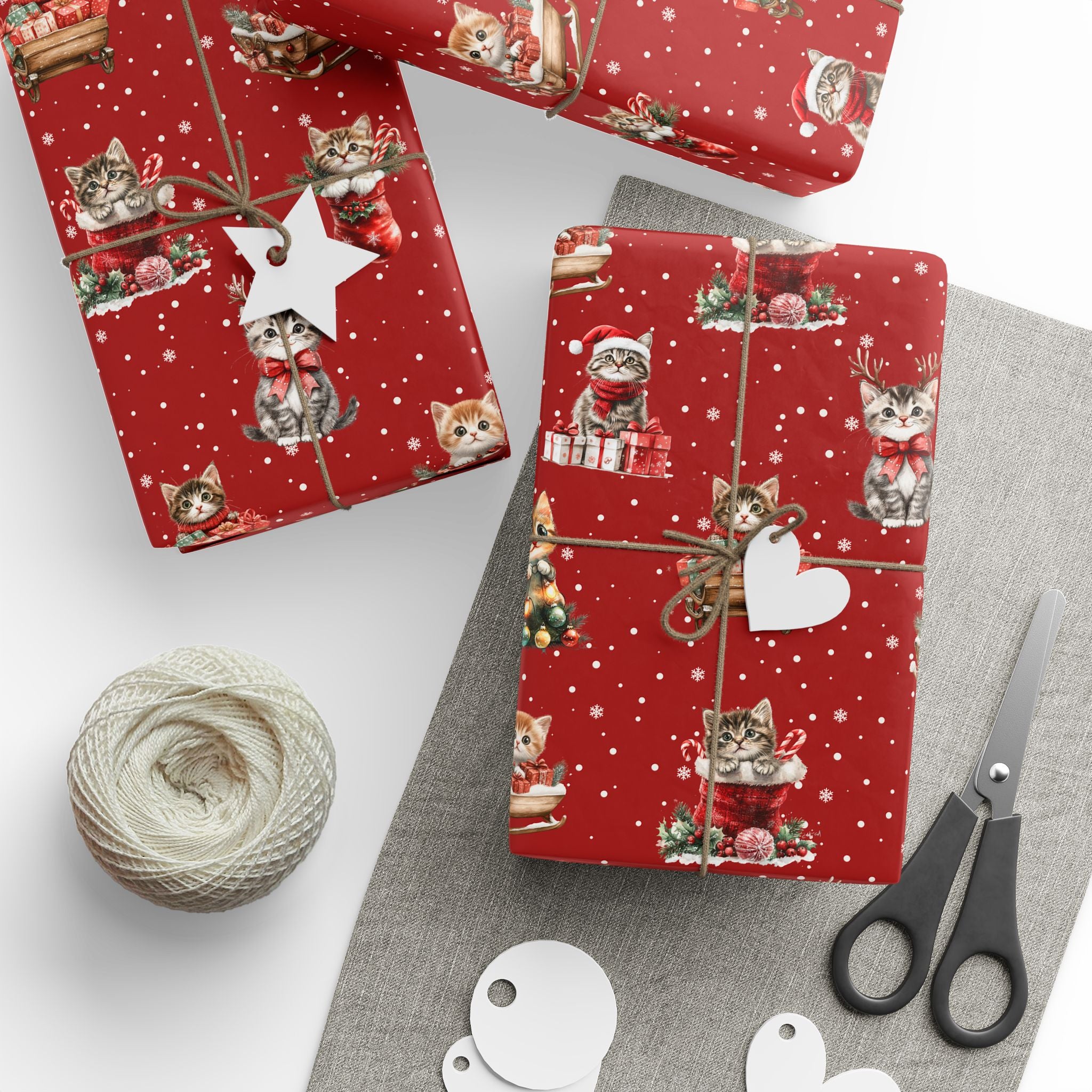 Christmas Cat Wrapping Paper, Red Kitten Gift Wrap, Cute Cat Lover Holiday Wrap, Vintage Christmas Kitty Wrapping Paper