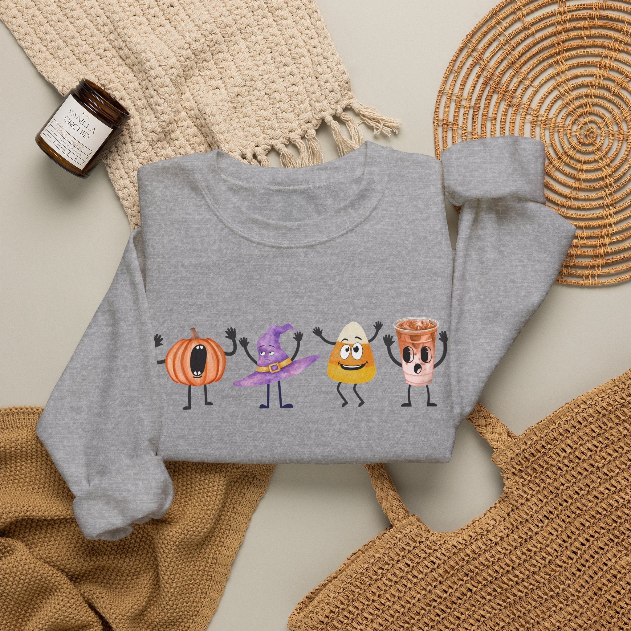 Halloween Sweatshirt Women Dancing Pumpkin Candy Corn Witch Hat Iced Coffee Crewneck Fall Fun Cute Halloween Party Shirt Gift