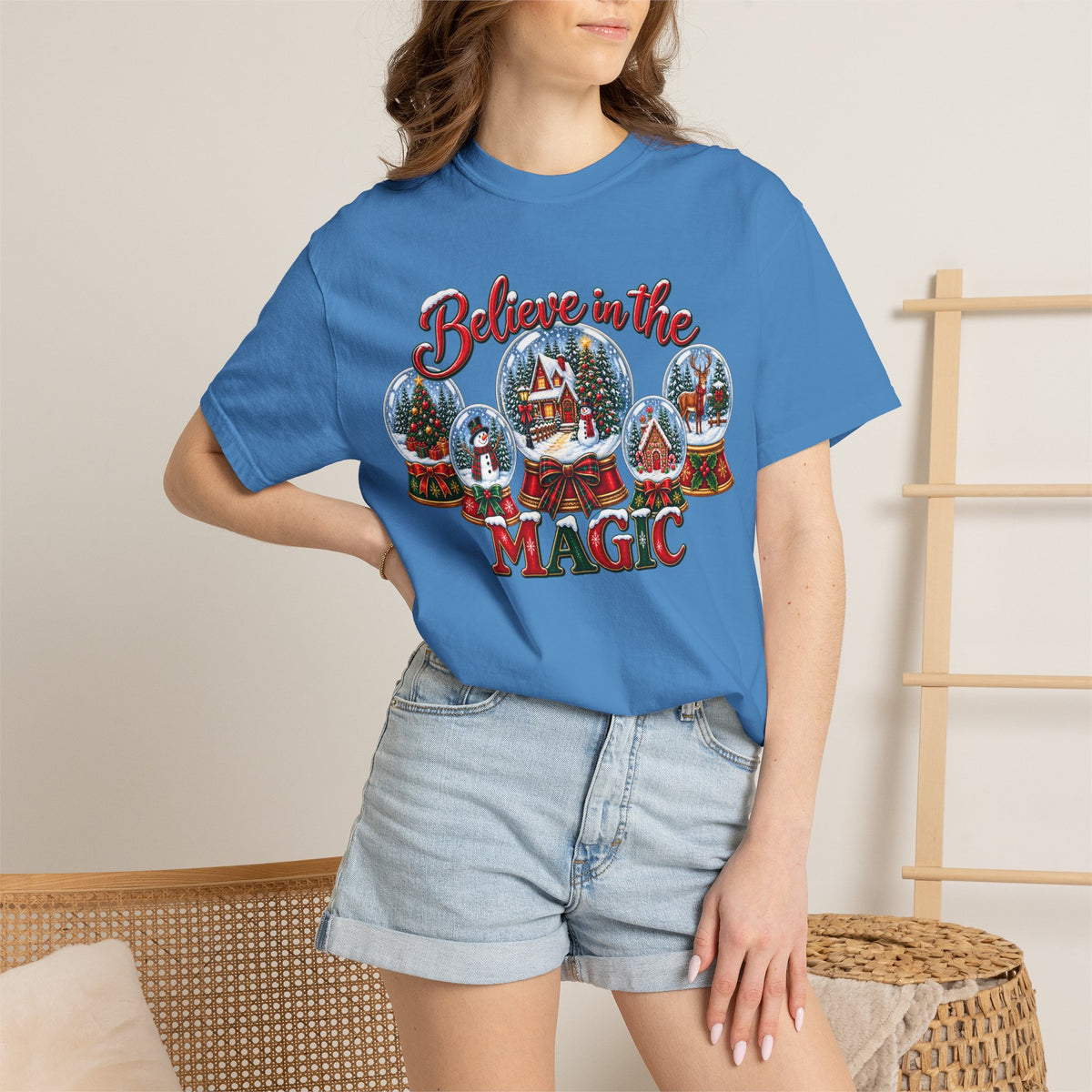Comfort Colors Believe in the Magic Snow Globe Christmas T-shirt | Holiday Santa Village Design