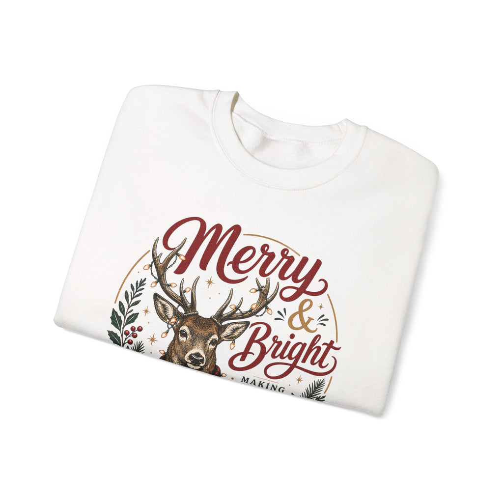 Merry & Bright Deer Sweatshirt, Christmas Reindeer Crewneck, Making Spirits Bright Shirt, Plaid Scarf Deer Sweater, Xmas Gift for Her