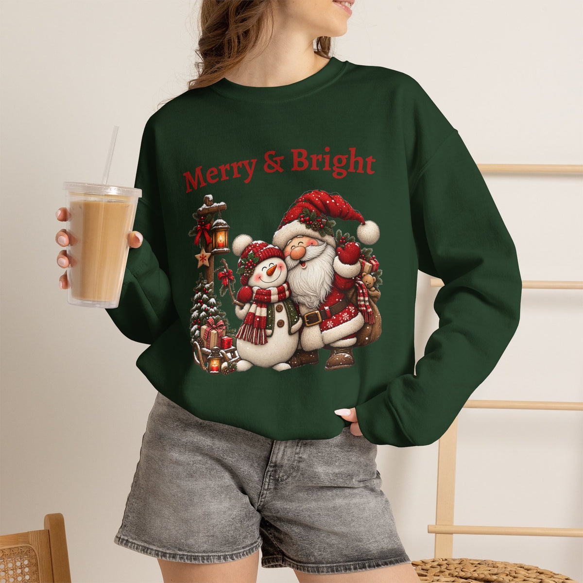Merry & Bright Sweatshirt, Santa Snowman Christmas Shirt, Vintage Holiday Crewneck, Festive Christmas Tee, Xmas Gift Sweatshirt for Her