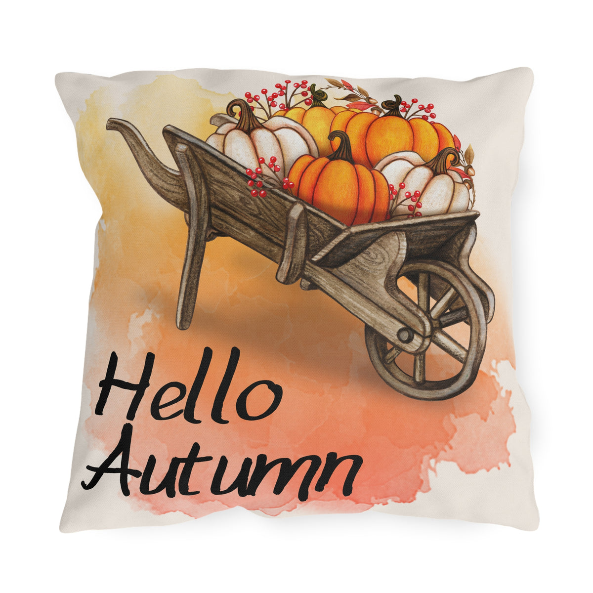 Hello Autumn Pillow Cover Pumpkin Wheelbarrow Fall Throw Pillow Watercolor Sunset Farmhouse Home Decor Thanksgiving Housewarming Gift