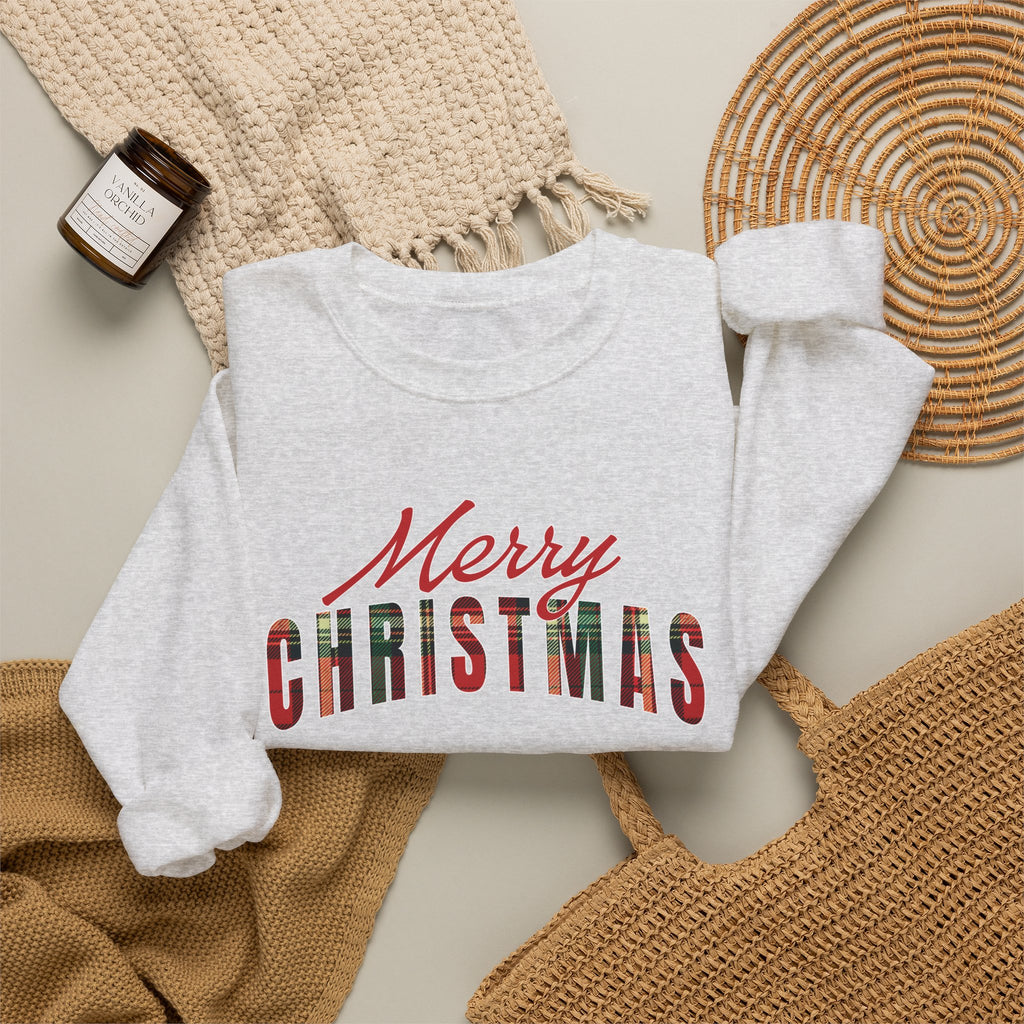 Merry Christmas Sweatshirt, Plaid Christmas Sweater, Buffalo Plaid Holiday Crewneck, Cozy Xmas Shirt, Women's Christmas Gift