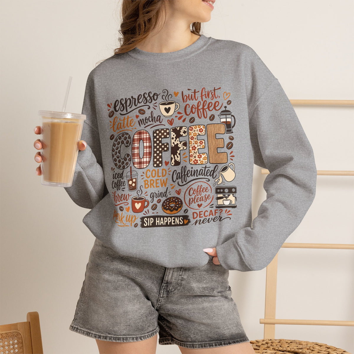 Coffee Lover Word Collage, Funny Coffee Quotes Design, Espresso Latte Mocha Iced Coffee Shirt Design, Sip Happens