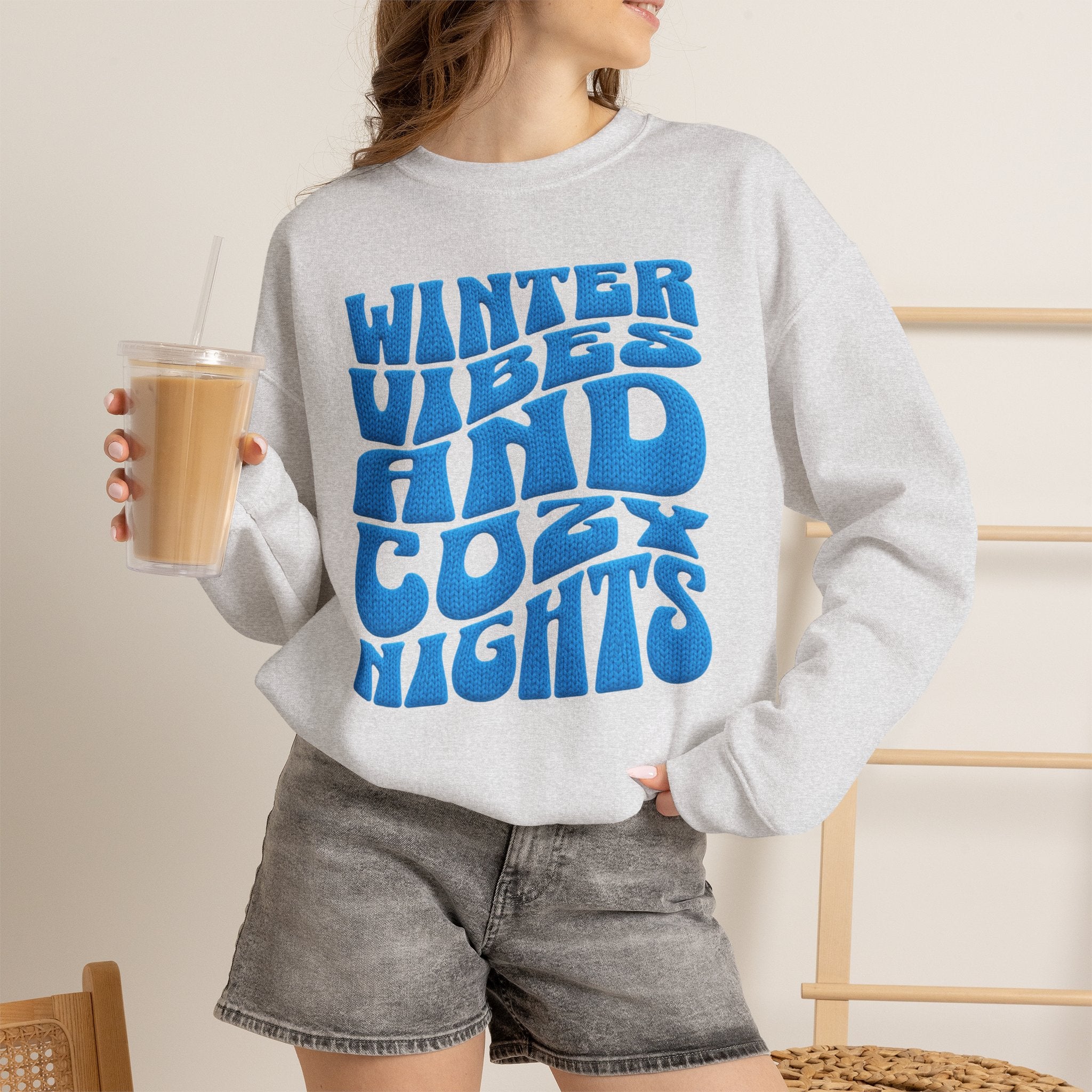 Winter Vibes And Cozy Nights Sweatshirt, Retro Wavy Bubble Letter Sweatshirt, Winter Quote Crewneck, Cozy Season Sweater, Trendy Winter Top