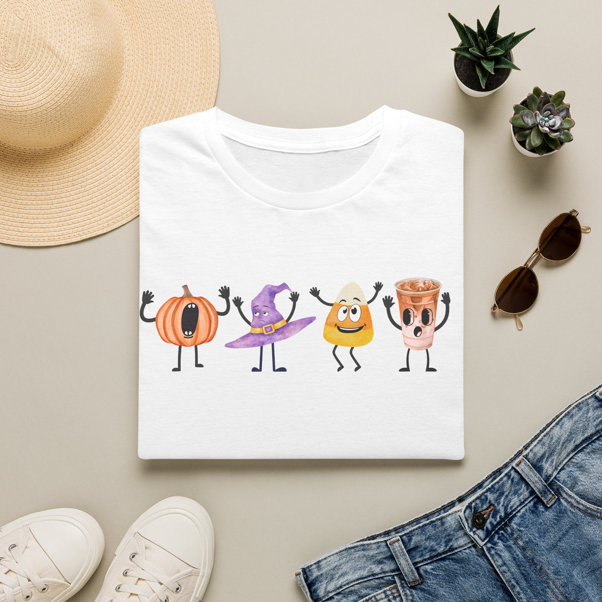 Halloween Women T-shirt Dancing Pumpkin Candy Corn Witch Hat Iced Coffee Crewneck Fall Fun Cute Halloween Party Shirt Gift