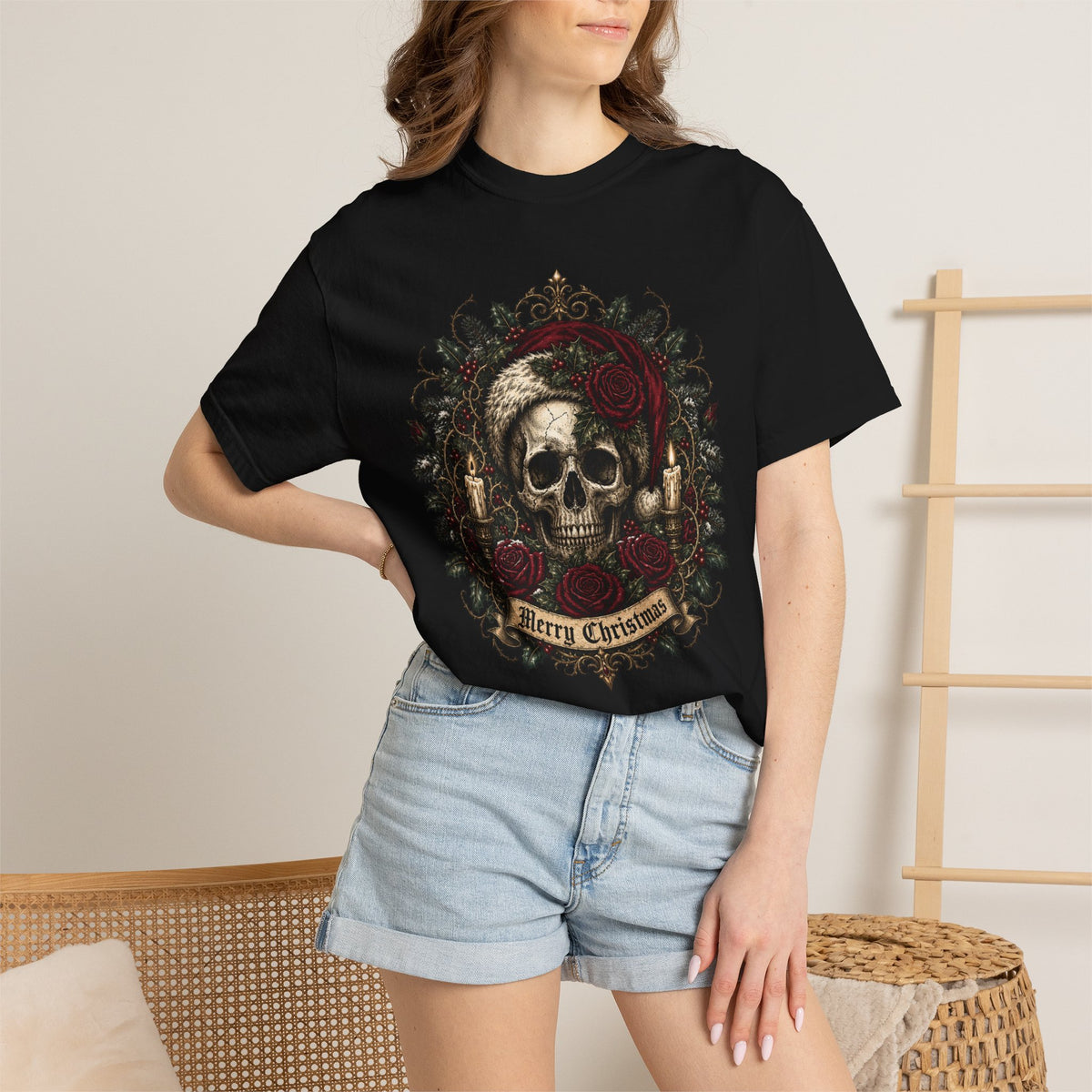 Gothic Skull Christmas Shirt, Dark Santa Skull Tee, Merry Christmas Skeleton Roses Shirt, Alternative Xmas Shirt, Punk Holiday Gift Tee