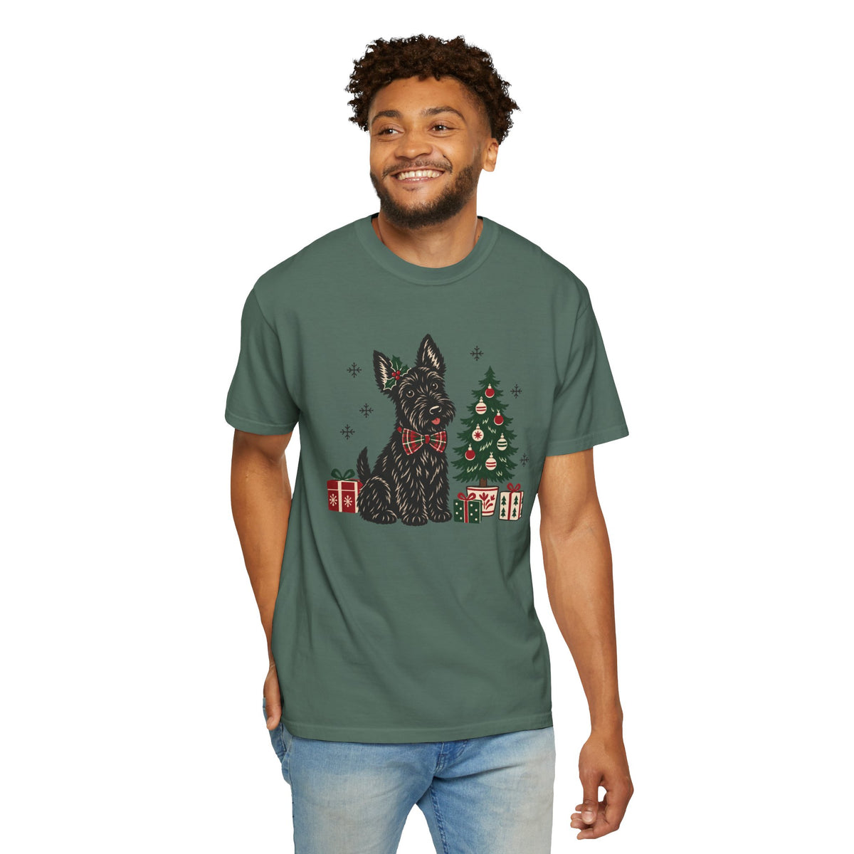Scottie Dog Christmas Shirt, Scottish Terrier Holiday Tee, Dog Lover Gift, Cute Christmas Tree Present Graphic Tee, Womens Xmas Top