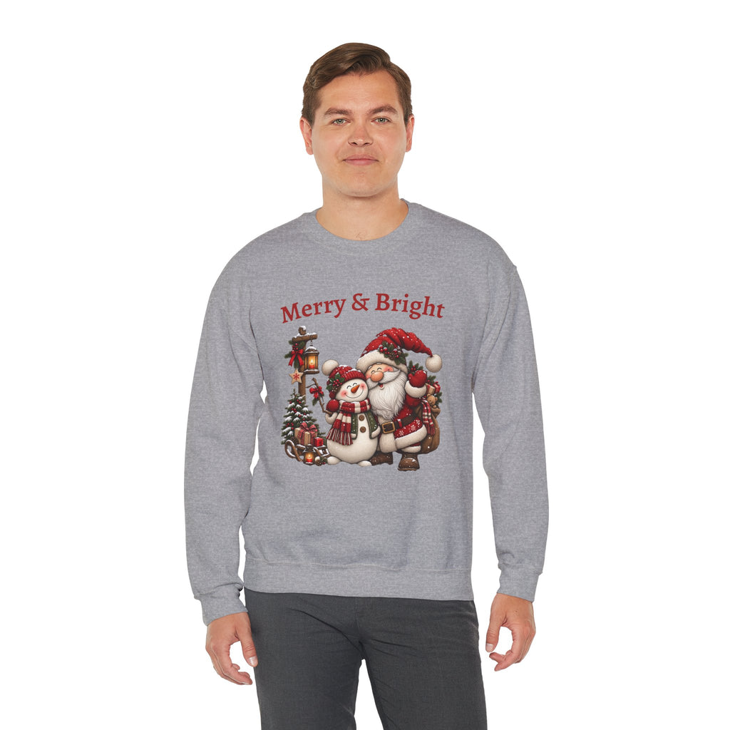 Merry & Bright Sweatshirt, Santa Snowman Christmas Shirt, Vintage Holiday Crewneck, Festive Christmas Tee, Xmas Gift Sweatshirt for Her