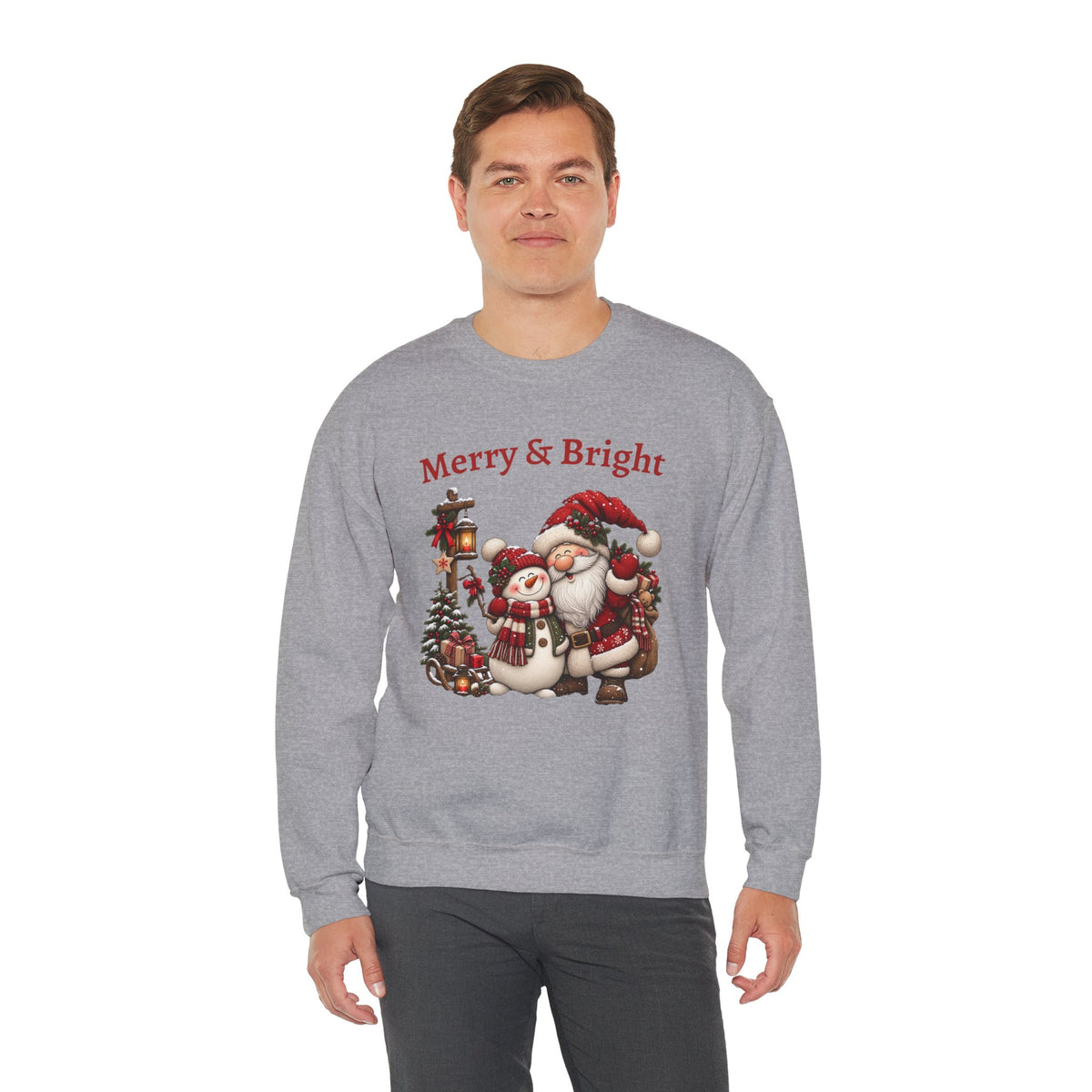 Merry & Bright Sweatshirt, Santa Snowman Christmas Shirt, Vintage Holiday Crewneck, Festive Christmas Tee, Xmas Gift Sweatshirt for Her