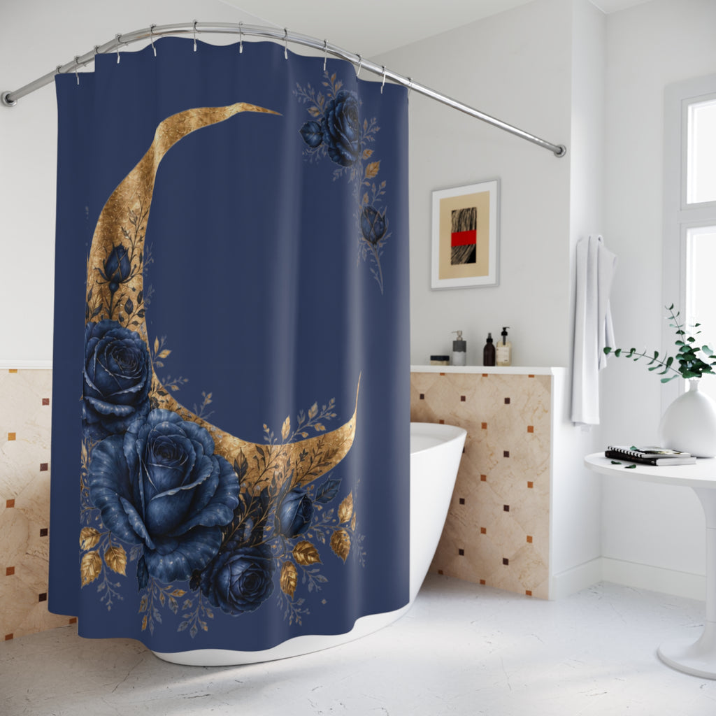 Navy Blue Gold Moon Shower Curtain, Celestial Rose Bathroom Decor, Moody Floral Crescent Moon Bath Curtain, Elegant Boho Home Gift