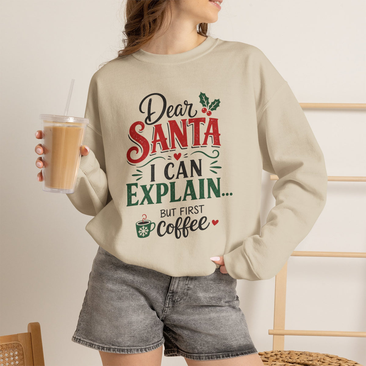 Dear Santa I Can Explain Sweatshirt, Funny Coffee Lover Christmas Shirt, Cute Holiday Crewneck, Sarcastic Xmas Coffee Gift for Her Women