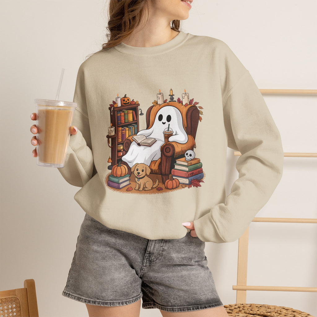 Cute Ghost Reading Books Sweatshirt, Cozy Fall Halloween Sweater, Ghost with Dog Pumpkins Shirt, Autumn Library Halloween Crewneck Gift