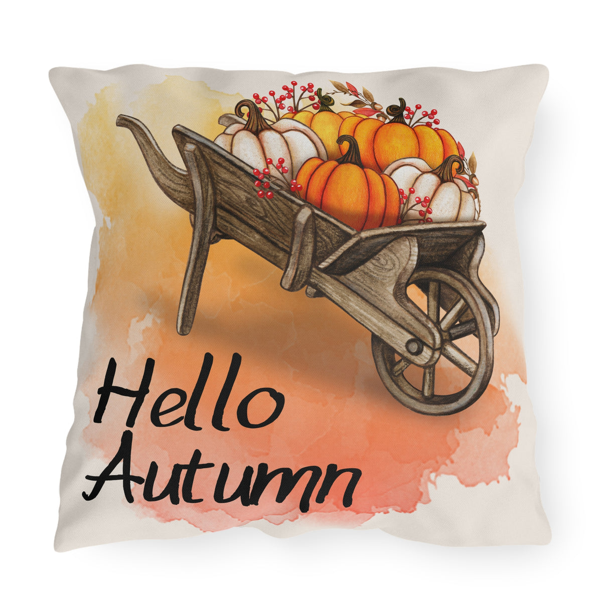 Hello Autumn Pillow Cover Pumpkin Wheelbarrow Fall Throw Pillow Watercolor Sunset Farmhouse Home Decor Thanksgiving Housewarming Gift