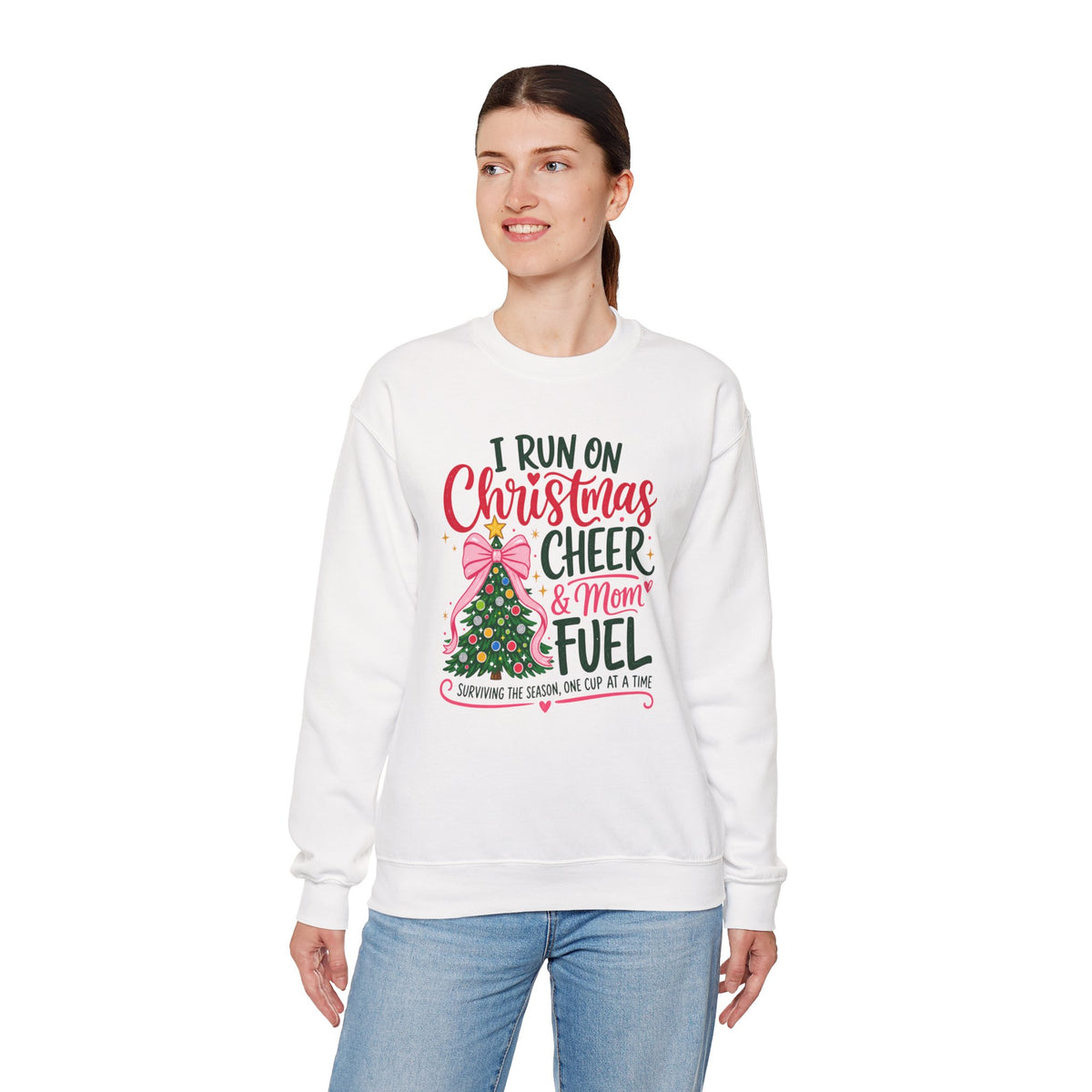 Christmas Mom Sweatshirt, I Run On Christmas Cheer And Mom Fuel, Funny Holiday Shirt, Coffee Lover Mom Gift, Xmas Tree Crewneck