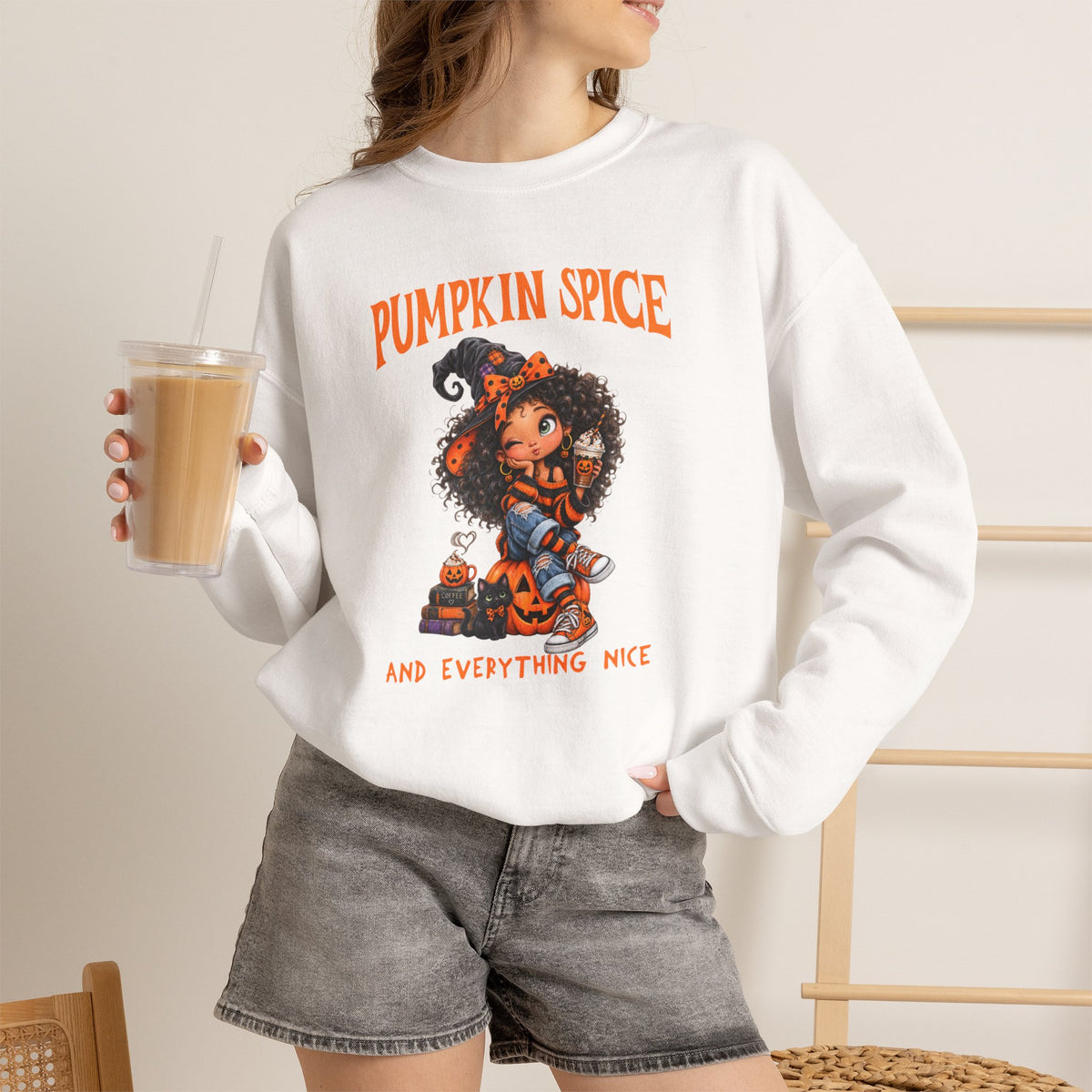 Pumpkin Spice and Everything Nice Sweatshirt, Curly Hair Girl Fall Crewneck, Halloween Pumpkin Sweater, Autumn Coffee Fall Shirt Gift