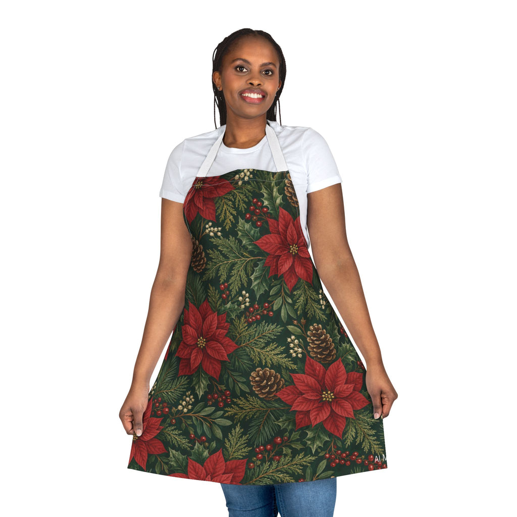 Christmas Apron Poinsettia Pine Cone Print, Red Green Holiday Kitchen Apron Women, Farmhouse Christmas Cooking Baking Gift Idea