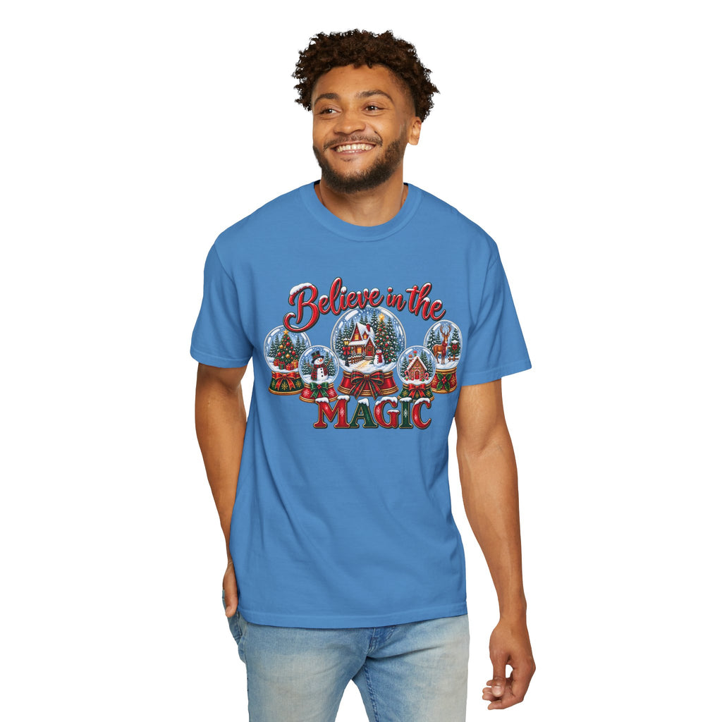 Comfort Colors Believe in the Magic Snow Globe Christmas T-shirt | Holiday Santa Village Design