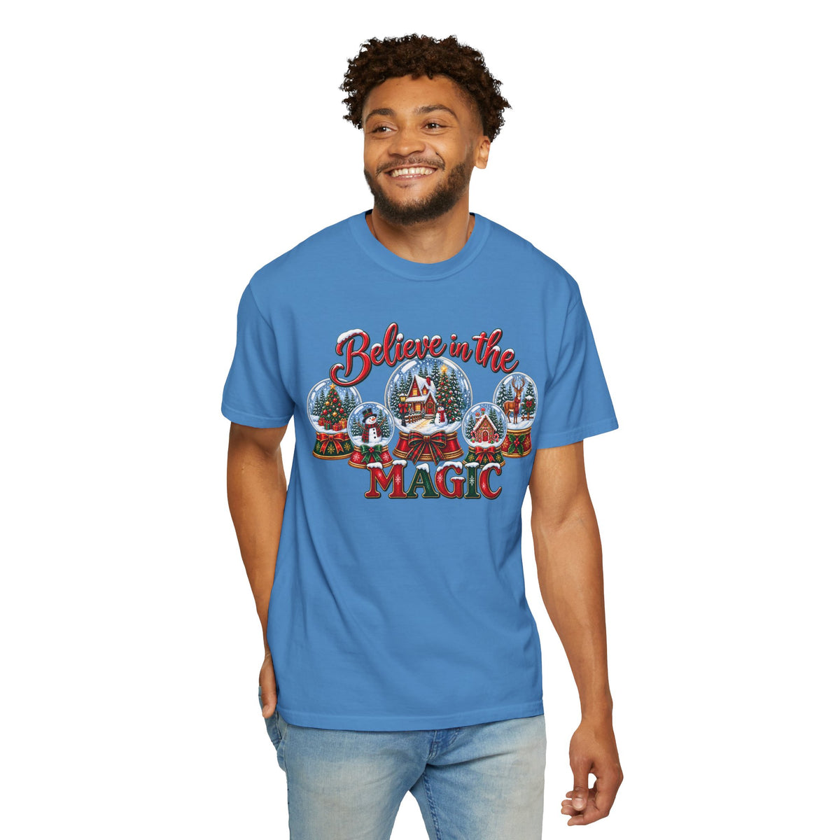 Comfort Colors Believe in the Magic Snow Globe Christmas T-shirt | Holiday Santa Village Design