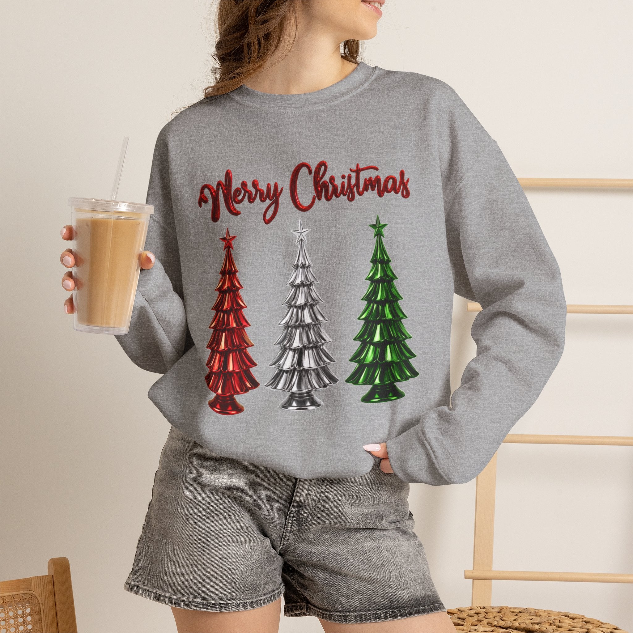 Merry Christmas Sweatshirt, Three Christmas Trees Shirt, Metallic Trees Sweater, Forest Green Christmas Crewneck, Holiday Gift for Her