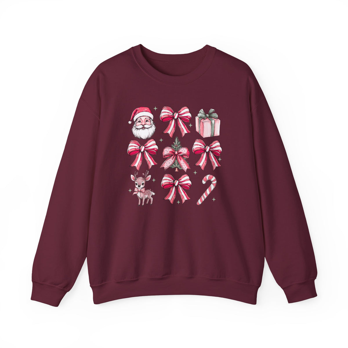 Pink Christmas bows and icons Crewneck Sweatshirt | Santa, reindeer, candy cane