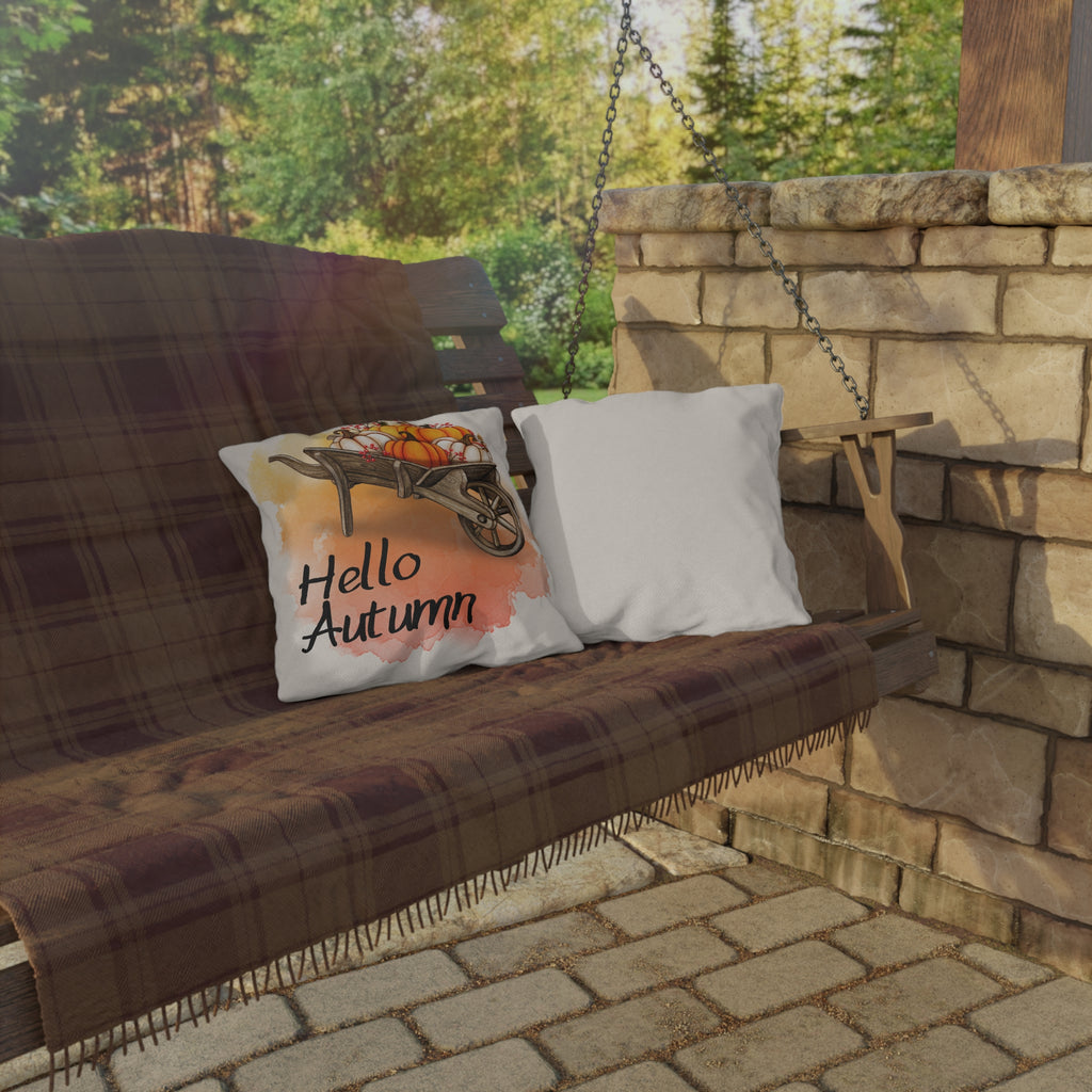 Hello Autumn Pillow Cover Pumpkin Wheelbarrow Fall Throw Pillow Watercolor Sunset Farmhouse Home Decor Thanksgiving Housewarming Gift