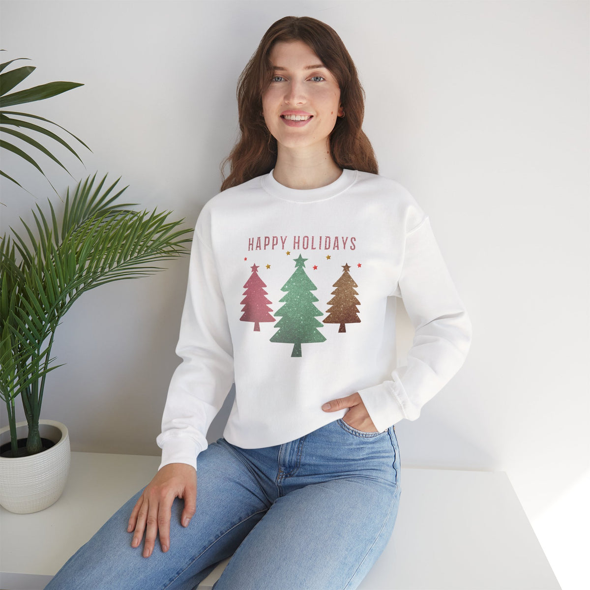 Happy Holidays Evergreen Trees Crewneck Sweatshirt | Christmas Holiday Sweatshirt, Unisex, Casual, Lounge Wear, Glitter Holiday, Trendy
