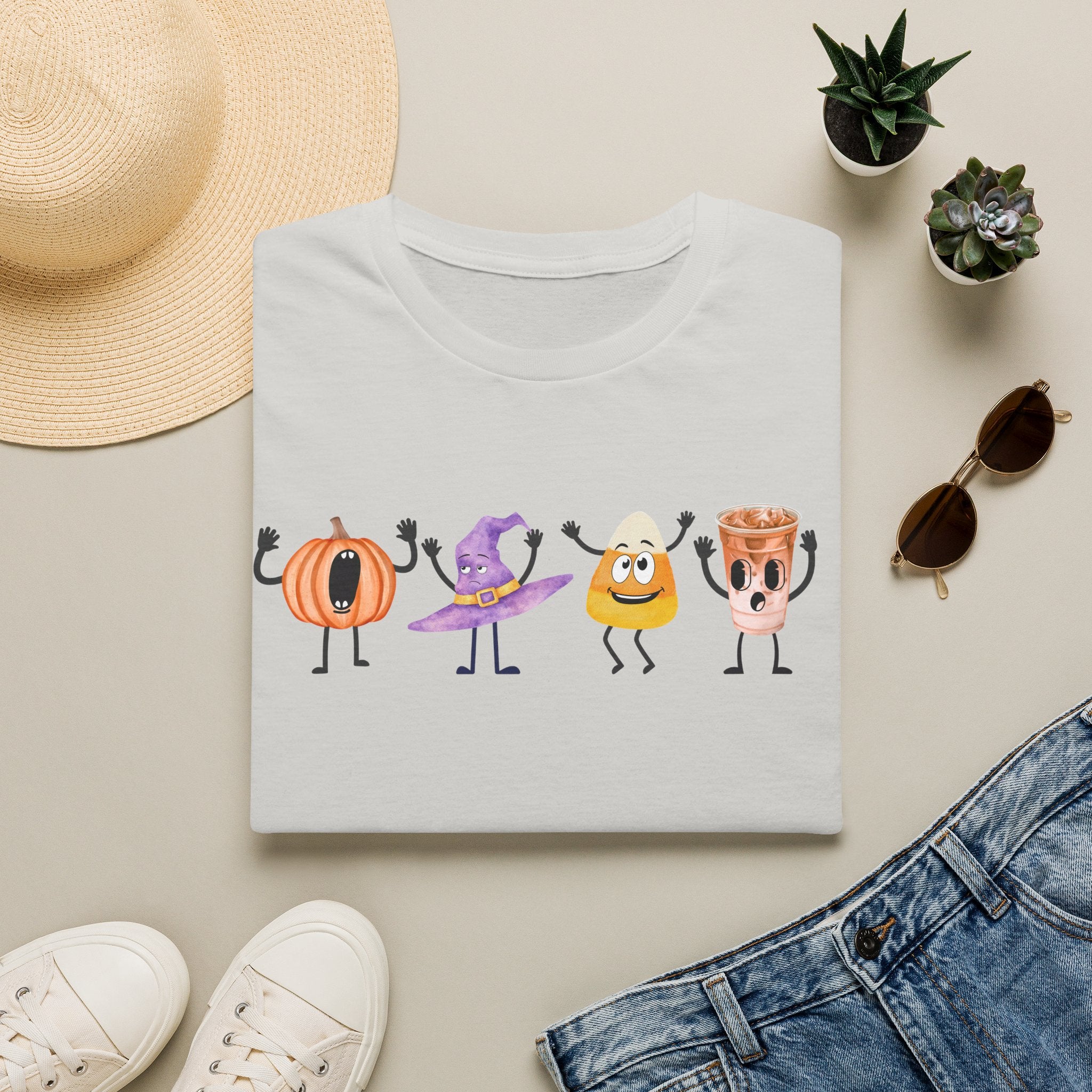 Halloween Women T-shirt Dancing Pumpkin Candy Corn Witch Hat Iced Coffee Crewneck Fall Fun Cute Halloween Party Shirt Gift