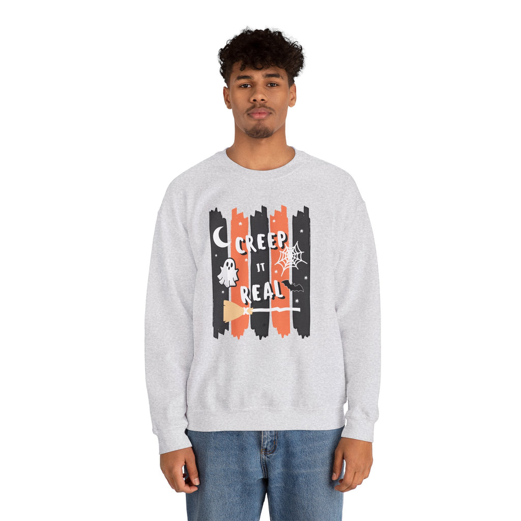 Creep It Real Halloween Sweatshirt, Funny Ghost Bat Spiderweb Crewneck, Orange Black Stripe Halloween Shirt, Cute Fall Pullover Women Gift